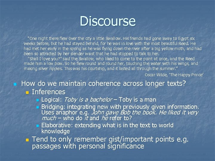 Discourse “One night there flew over the city a little Swallow. His friends had