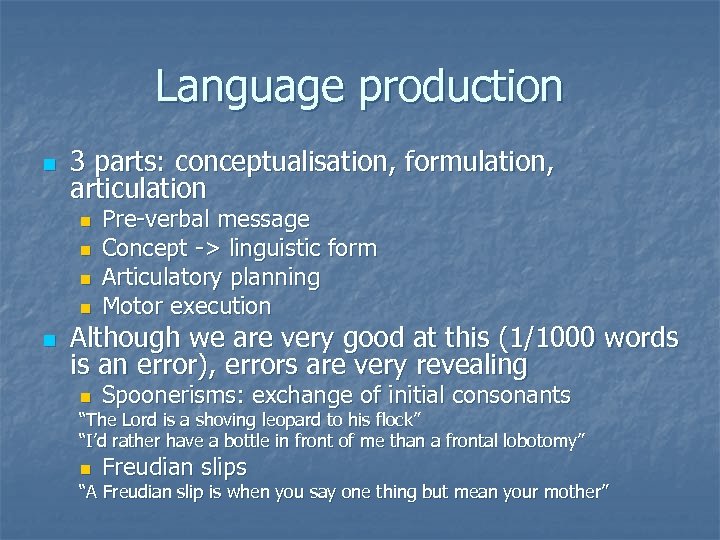 Language production n 3 parts: conceptualisation, formulation, articulation n n Pre-verbal message Concept ->