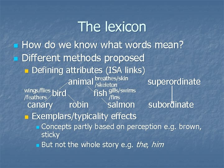 The lexicon n n How do we know what words mean? Different methods proposed