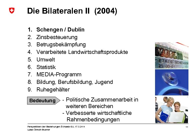 Die Bilateralen II (2004) 1. 2. 3. 4. 5. 6. 7. 8. 9. Schengen