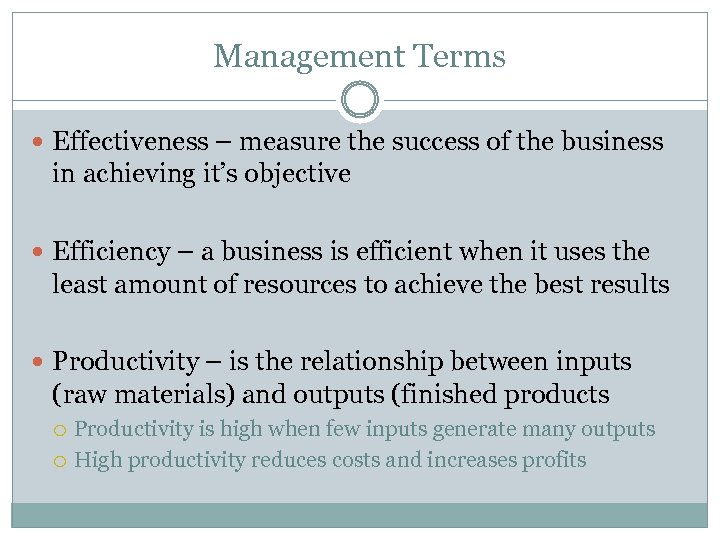 Management Terms Effectiveness – measure the success of the business in achieving it’s objective