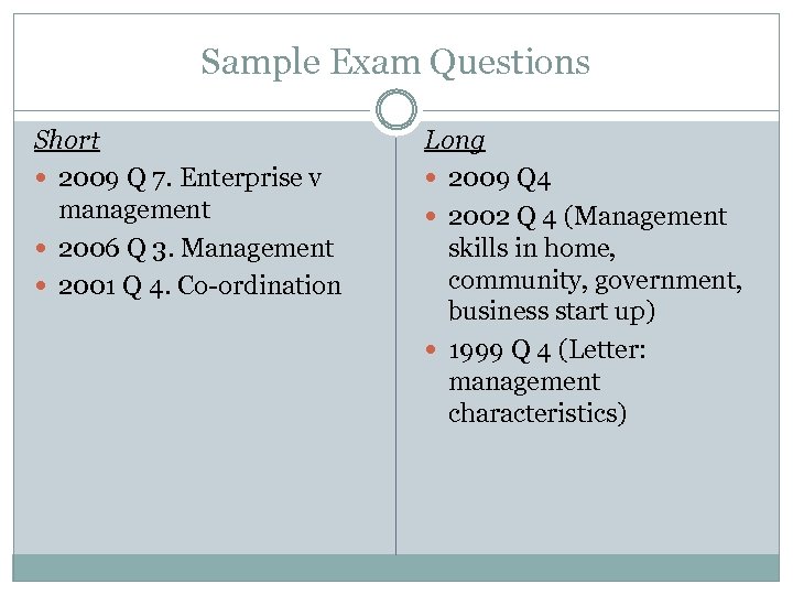 Sample Exam Questions Short 2009 Q 7. Enterprise v management 2006 Q 3. Management