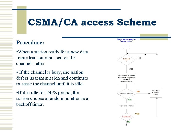 CSMA/CA access Scheme Procedure: • When a station ready for a new data frame