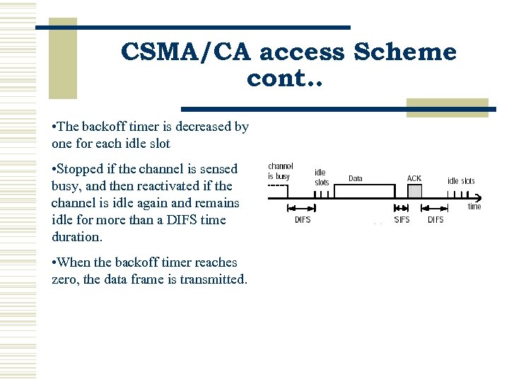 CSMA/CA access Scheme cont. . • The backoff timer is decreased by one for
