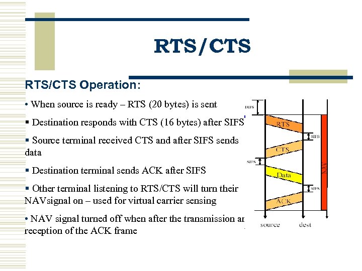 RTS/CTS Operation: • When source is ready – RTS (20 bytes) is sent §