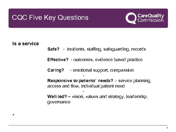 CQC Five Key Questions Is a service Safe? - incidents, staffing, safeguarding, records Effective?