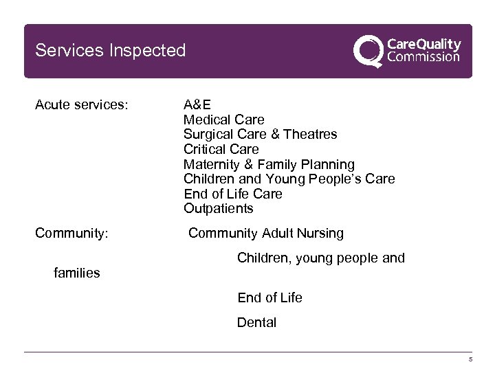 Services Inspected Acute services: A&E Medical Care Surgical Care & Theatres Critical Care Maternity