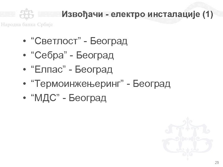 Извођачи - електро инсталације (1) • • • “Светлост” - Београд “Себра” - Београд