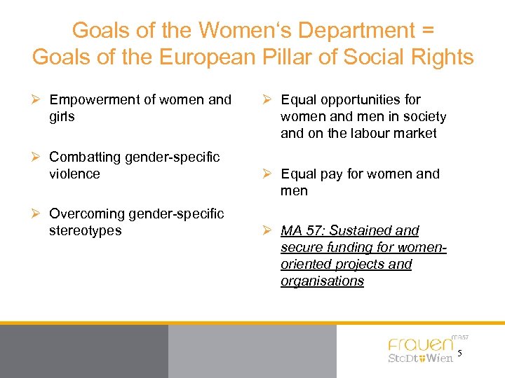 Goals of the Women‘s Department = Goals of the European Pillar of Social Rights