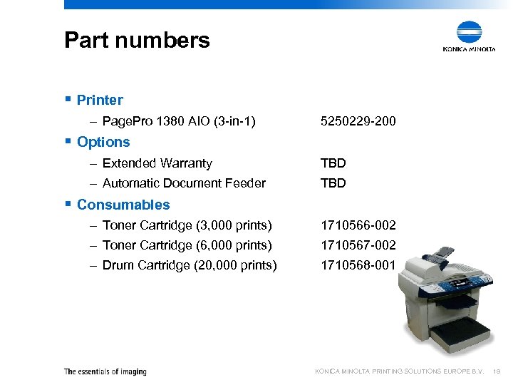 Part numbers § Printer – Page. Pro 1380 AIO (3 -in-1) 5250229 -200 §