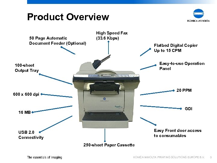 Product Overview 50 Page Automatic Document Feeder (Optional) High Speed Fax (33. 6 Kbps)