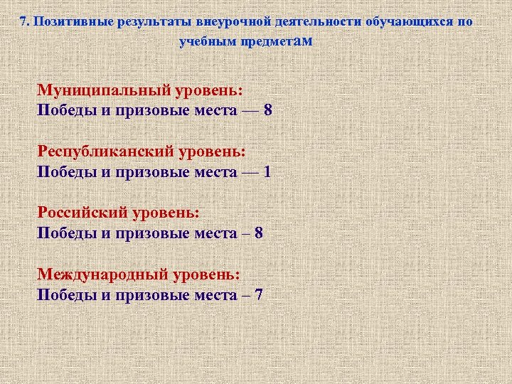 7. Позитивные результаты внеурочной деятельности обучающихся по учебным предметам Муниципальный уровень: Победы и призовые