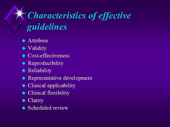 Characteristics of effective guidelines u u u u u Attribute Validity Cost effectiveness Reproducibility