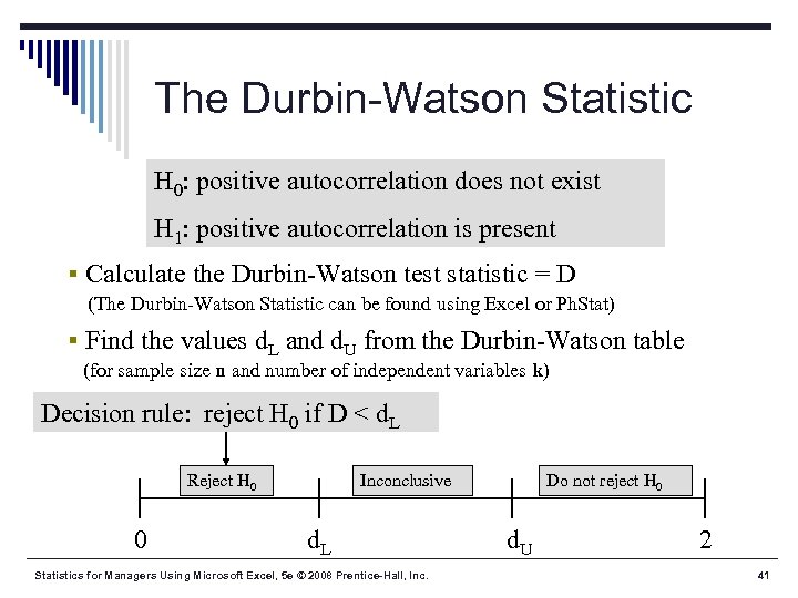 The Durbin-Watson Statistic H 0: positive autocorrelation does not exist H 1: positive autocorrelation