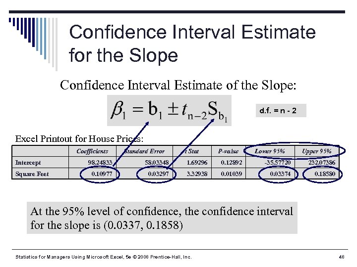 Confidence Interval Estimate for the Slope Confidence Interval Estimate of the Slope: d. f.