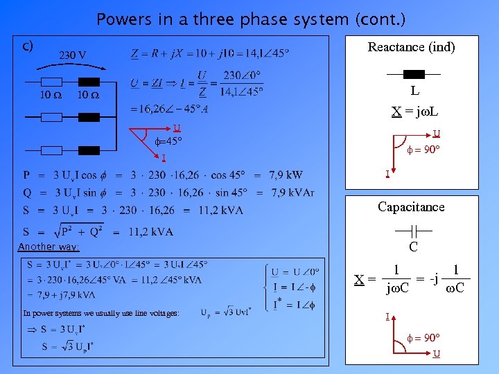 Powers in a three phase system (cont. ) c) Reactance (ind) 230 V 10