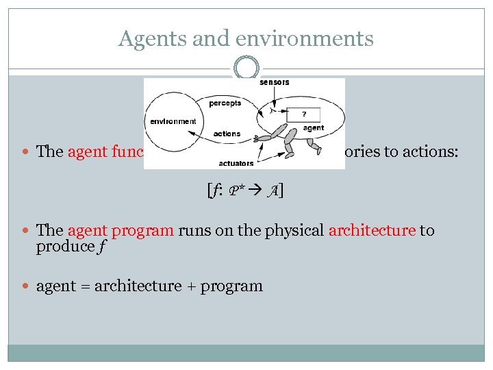 Agents and environments The agent function maps from percept histories to actions: [f: P*