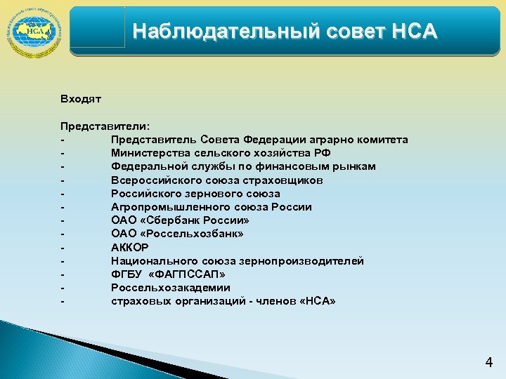 Наблюдательный совет НСА Входят Представители: Представитель Совета Федерации аграрно комитета Министерства сельского хозяйства РФ