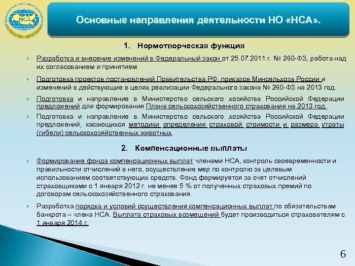 Основные направления деятельности НО «НСА» . 1. Нормотворческая функция Разработка и внесение изменений в