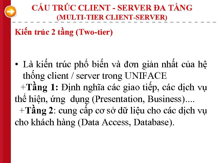 CẤU TRÚC CLIENT - SERVER ĐA TẦNG (MULTI-TIER CLIENT-SERVER) Kiến trúc 2 tầng (Two-tier)