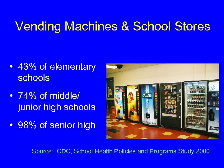 Vending Machines & School Stores • 43% of elementary schools • 74% of middle/