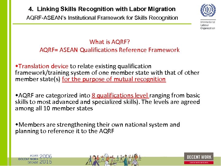 4. Linking Skills Recognition with Labor Migration AQRF-ASEAN’s Institutional Framework for Skills Recognition What