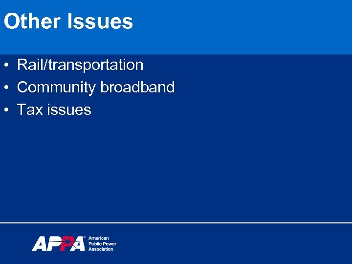 Other Issues • Rail/transportation • Community broadband • Tax issues 