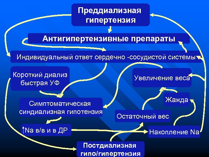 Преддиализная гипертензия Антигипертензивные препараты Индивидуальный ответ сердечно -сосудистой системы Короткий диализ быстрая УФ Увеличение