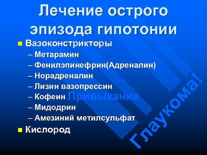 Лечение острого эпизода гипотонии Кислород Гл а n ук – Метарамин – Фенилэпинефрин(Адреналин) –