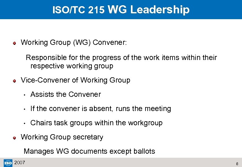 ISO/TC 215 WG Leadership Working Group (WG) Convener: Responsible for the progress of the