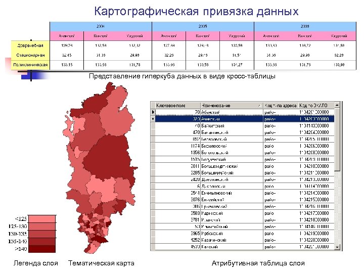 Картографическая привязка данных Представление гиперкуба данных в виде кросс-таблицы Легенда слоя Тематическая карта Атрибутивная