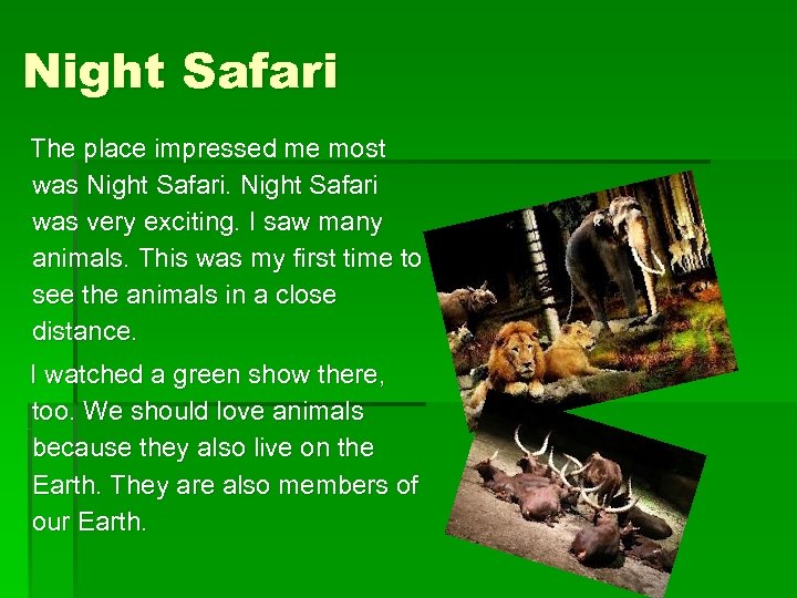 Night Safari The place impressed me most was Night Safari was very exciting. I