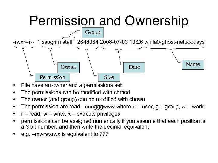 Permission and Ownership Group -rwxr--r-- 1 ssugrim staff 2648064 2008 -07 -03 10: 26