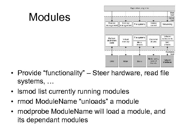 Modules • Provide “functionality” – Steer hardware, read file systems, … • lsmod list