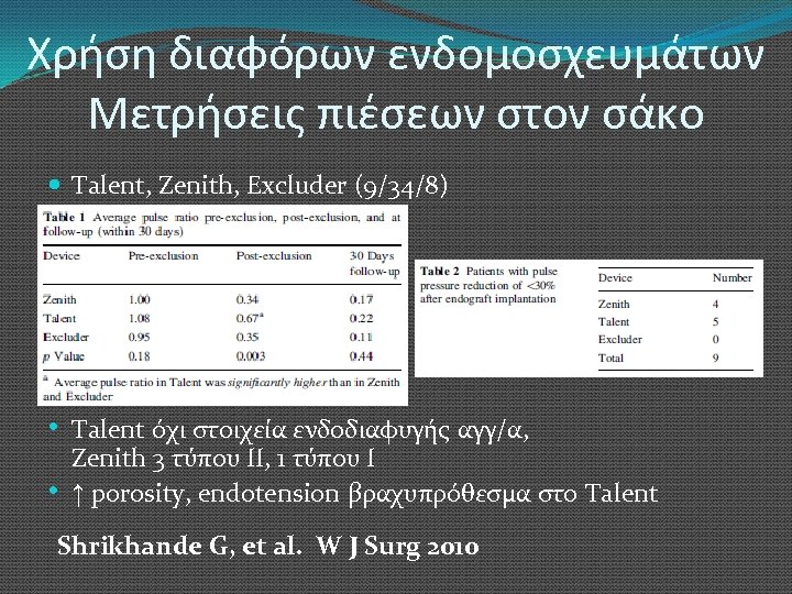 Χρήση διαφόρων ενδομοσχευμάτων Μετρήσεις πιέσεων στον σάκο Talent, Zenith, Excluder (9/34/8) • • Talent
