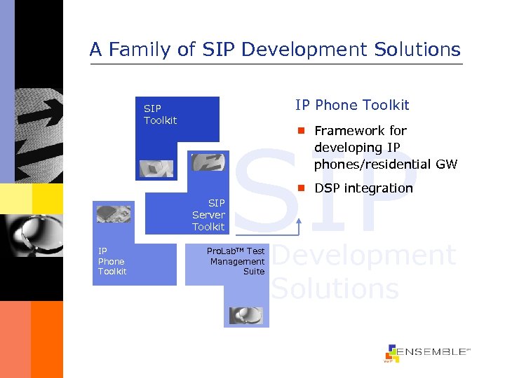 A Family of SIP Development Solutions IP Phone Toolkit SIP ¾ Framework for developing