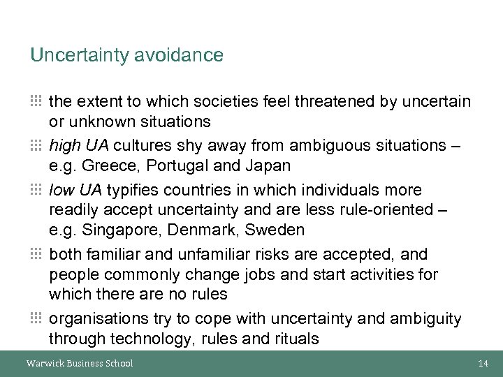 Uncertainty avoidance the extent to which societies feel threatened by uncertain or unknown situations