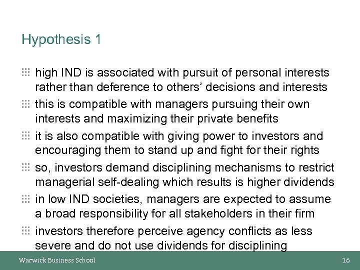 Hypothesis 1 high IND is associated with pursuit of personal interests rather than deference