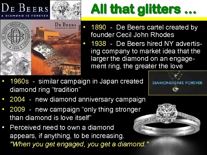 All that glitters … • 1890 - De Beers cartel created by founder Cecil
