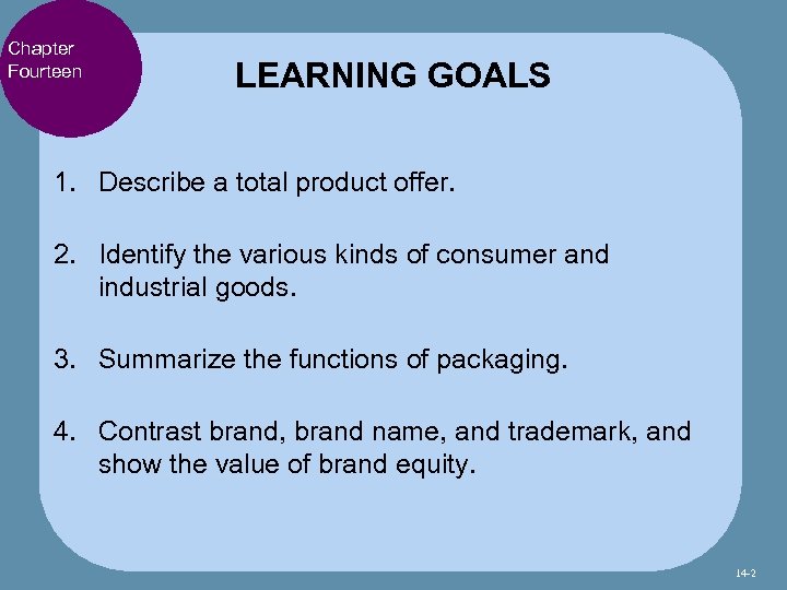 Chapter Fourteen LEARNING GOALS 1. Describe a total product offer. 2. Identify the various