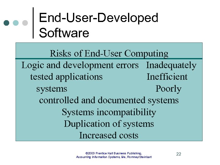 End-User-Developed Software Risks of End-User Computing Logic and development errors Inadequately tested applications Inefficient