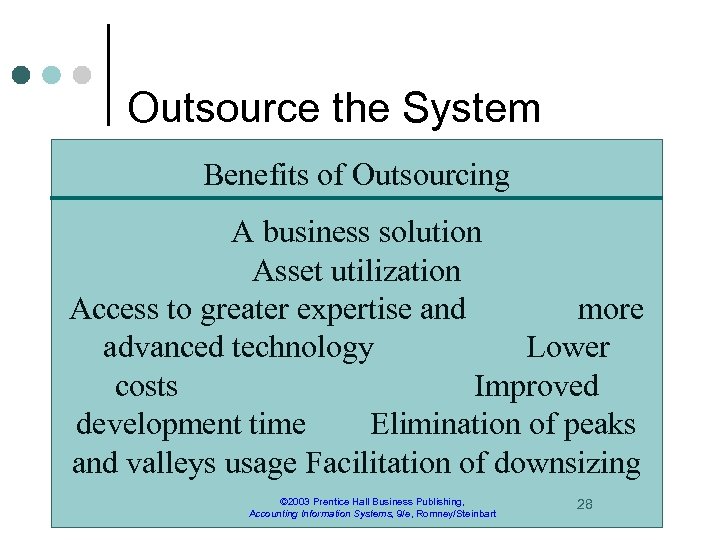 Outsource the System Benefits of Outsourcing A business solution Asset utilization Access to greater