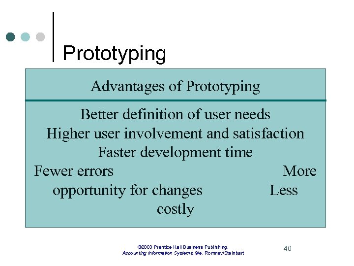 Prototyping Advantages of Prototyping Better definition of user needs Higher user involvement and satisfaction