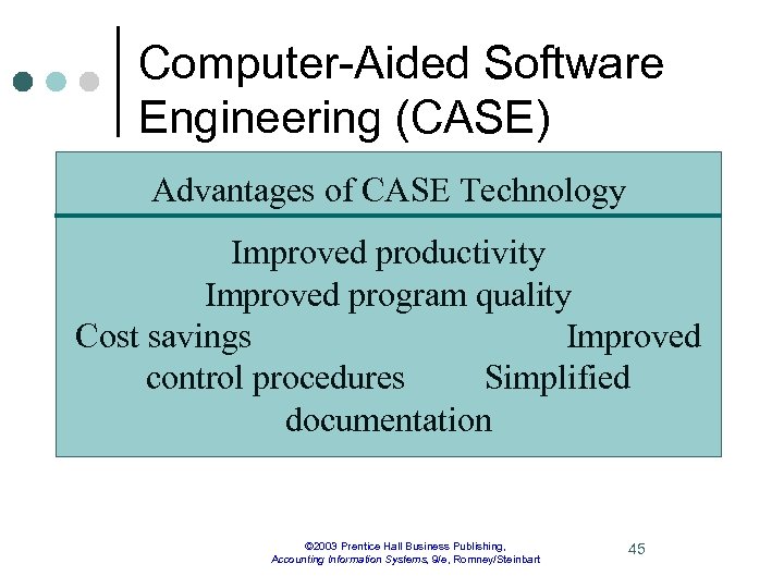 Computer-Aided Software Engineering (CASE) Advantages of CASE Technology Improved productivity Improved program quality Cost