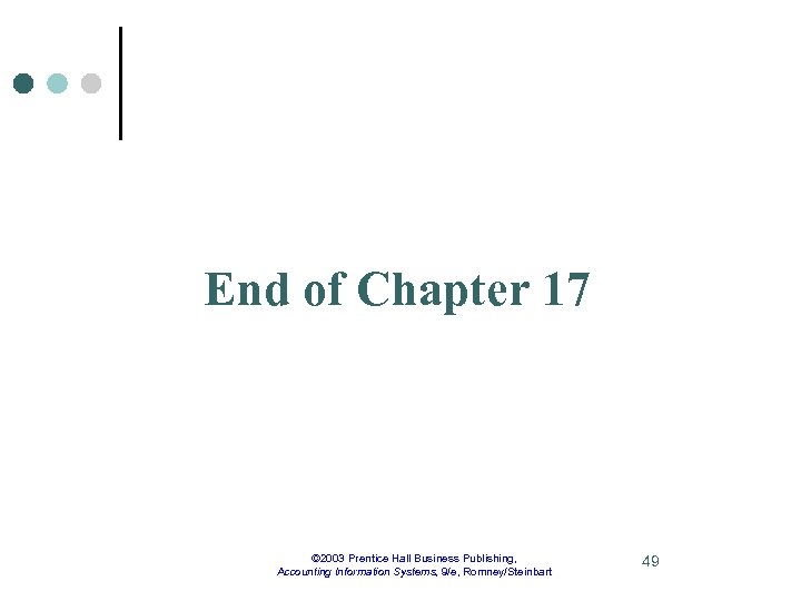 End of Chapter 17 © 2003 Prentice Hall Business Publishing, Accounting Information Systems, 9/e,