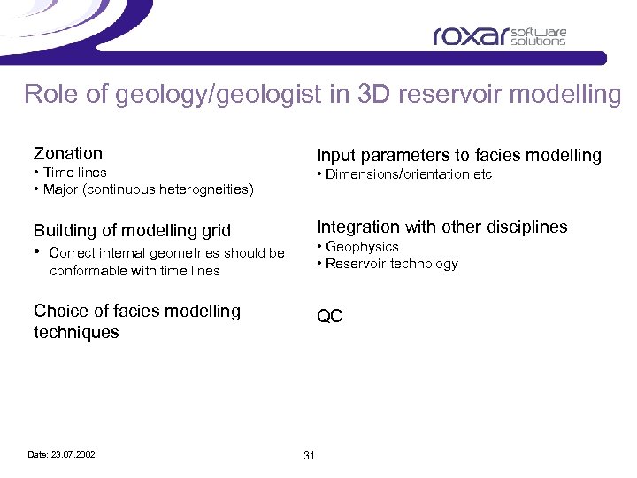 Role of geology/geologist in 3 D reservoir modelling Zonation Input parameters to facies modelling