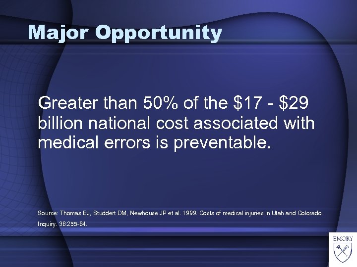 Major Opportunity Greater than 50% of the $17 - $29 billion national cost associated