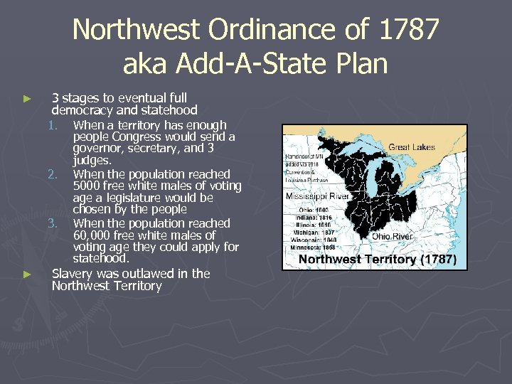 Northwest Ordinance of 1787 aka Add-A-State Plan ► 3 stages to eventual full democracy