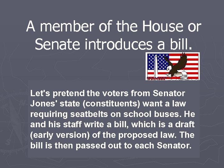 A member of the House or Senate introduces a bill. Let's pretend the voters